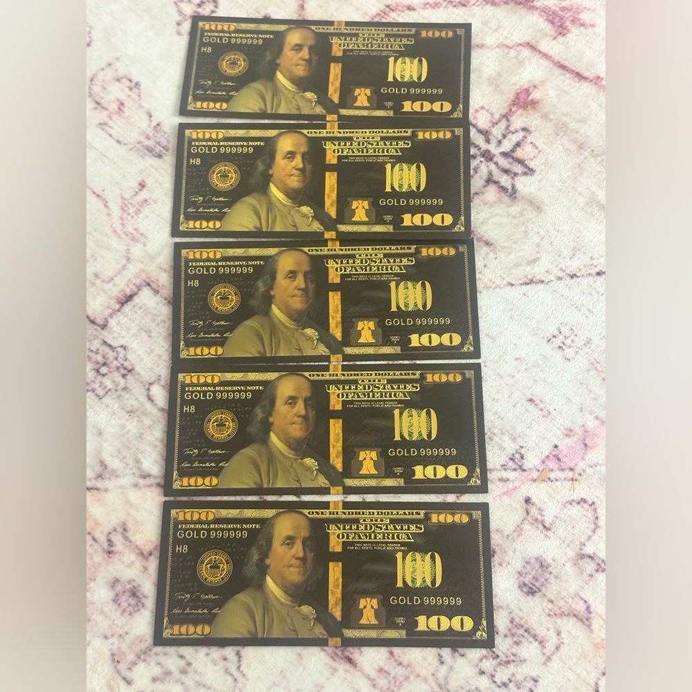 Black & gold foil set of 5 prop 100 bill place holders for cash stuffing binder
